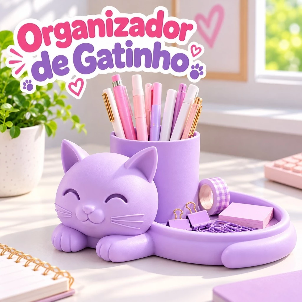 Organizador de Mesa Gatinho Kawaii com Porta-Canetas e Bandeja Multifuncional