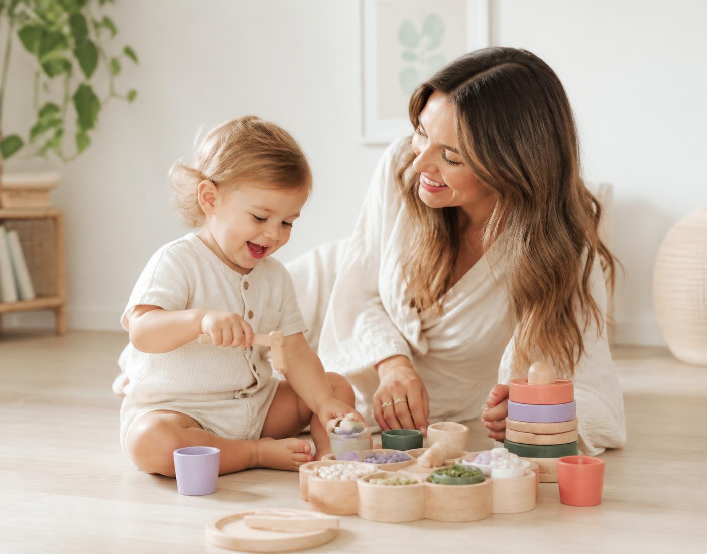 Mãe e criança brincando com brinquedos sensoriais de madeira